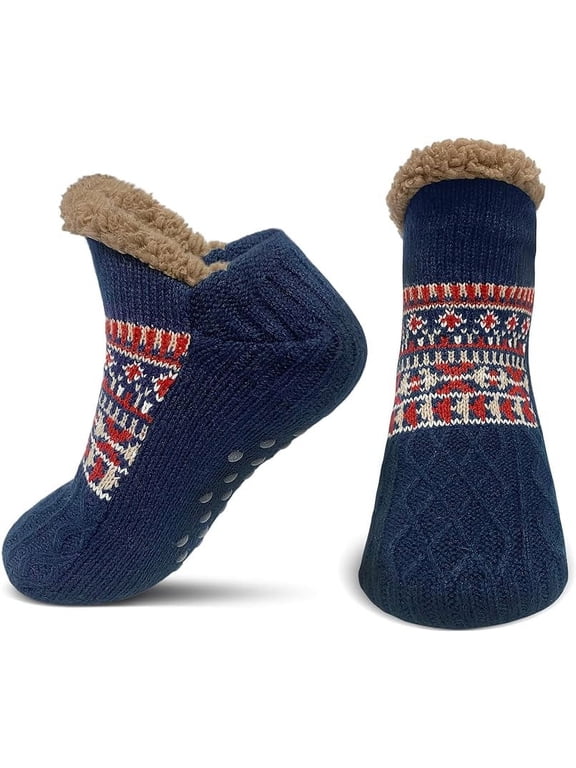 Slipper Socks for Men Thick Thermal Fuzzy Socks Winter Soft Warm Fleece Fluffy Socks with Non Skid Gripper Christmas Gift,Navy Blue Size 11-13