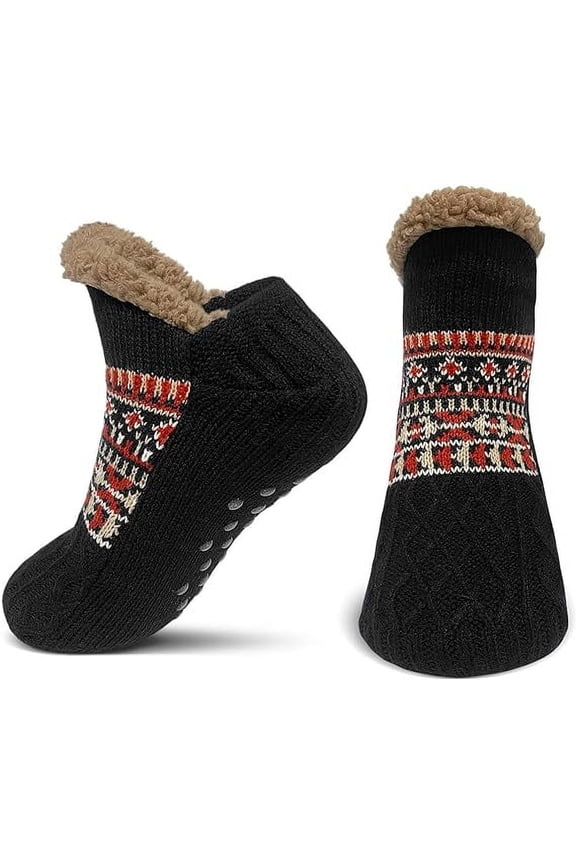 Slipper Socks for Men Thick Thermal Fuzzy Socks Winter Soft Warm Fleece Fluffy Socks with Non Skid Gripper Christmas Gift,Black Size 6-11