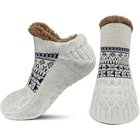 AMITOFO Slipper Socks for Men Thick Thermal Fuzzy Socks Winter Soft Warm Fleece Fluffy Socks with Non Skid Gripper Christmas Gift,Gray Size 11-13
