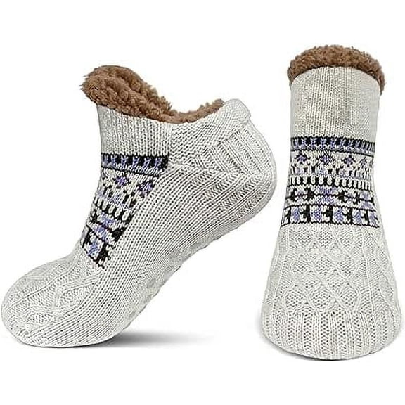 AMITOFO Slipper Socks for Men Thick Thermal Fuzzy Socks Winter Soft Warm Fleece Fluffy Socks with Non Skid Gripper Christmas Gift,Gray Size 6-11