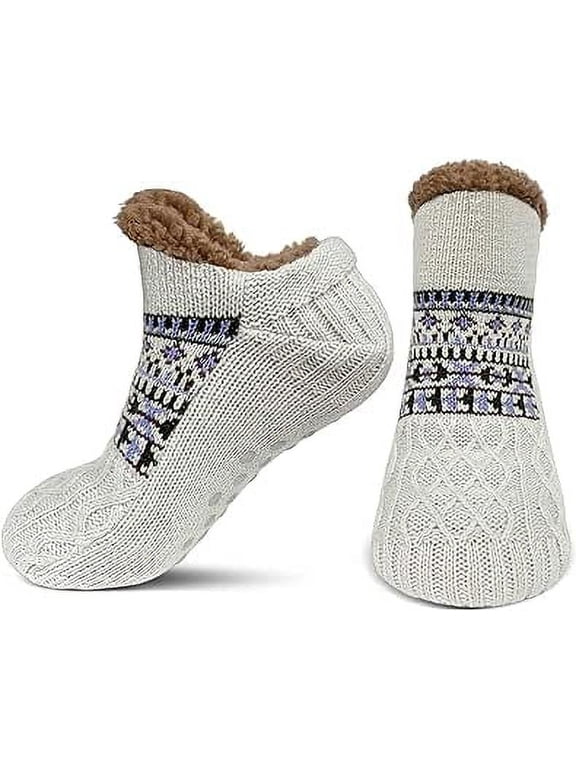 Slipper Socks for Men Thick Thermal Fuzzy Socks Winter Soft Warm Fleece Fluffy Socks with Non Skid Gripper Christmas Gift,Gray Size 6-11