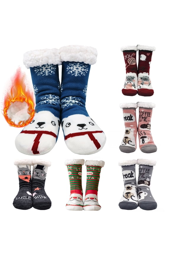 Slipper Socks for Women Winter Warm Fuzzy Sherpa Socks Non Slip Grips Cartoon Animals Fluffy Floor Socks Womens Girls Xmas Gift