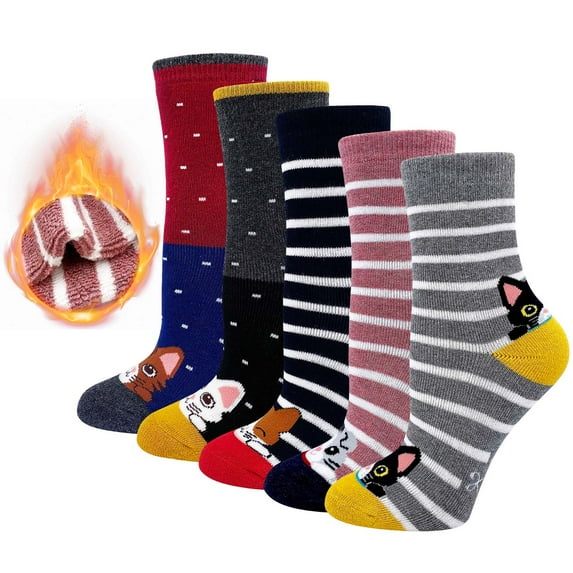 AMITOFO Warm Socks for Women Thermal Winter Cat Socks Soft Cozy Cotton Ankle Socks for Women Size 6-10, Pack of 5 Pairs