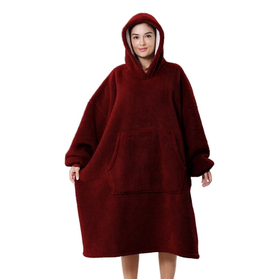 AMITOFO Wearable Blanket, Oversized Sherpa Blanket Hoodie with Giant Pocket and Sleeve for Adults Women Men, Soft Comfy Warm Fleece Sweatshirt Winter Gift (Burgundy)