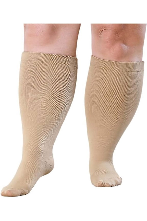 Wide Calf Compression Socks 2XL-7XL Circulation Support Knee High Stockings, Beige
