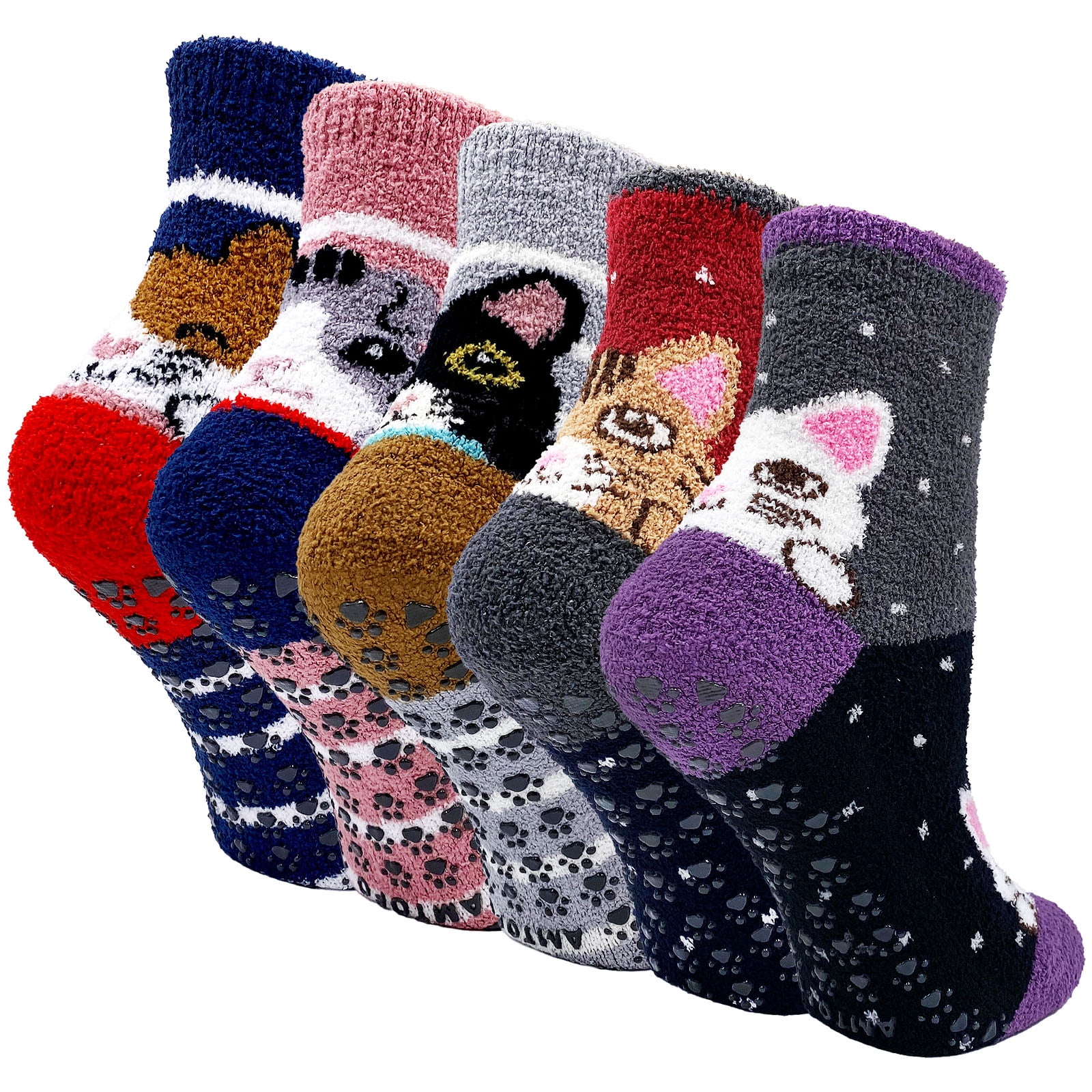 AMITOFO Women Fuzzy Socks Cute Cat Slipper Socks with Non Slip Grip