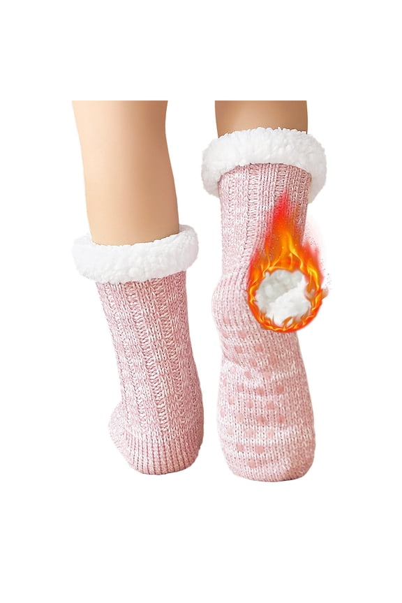 Women Slipper Fuzzy Socks Fluffy Sherpa Lined Soft Thick Knit Fleece Non Slip Warm Socks with Grippers, Pink