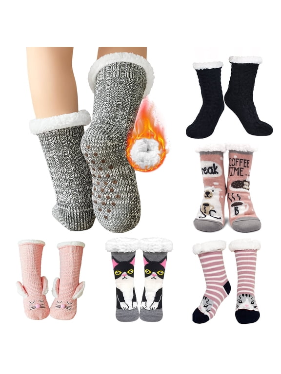 Women Slipper Fuzzy Socks Fluffy Sherpa Lined Soft Thick Knit Fleece Non Slip Warm Socks with Grippers