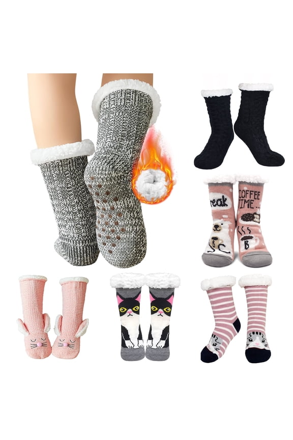 Women Slipper Fuzzy Socks Fluffy Sherpa Lined Soft Thick Knit Fleece Non Slip Warm Socks with Grippers