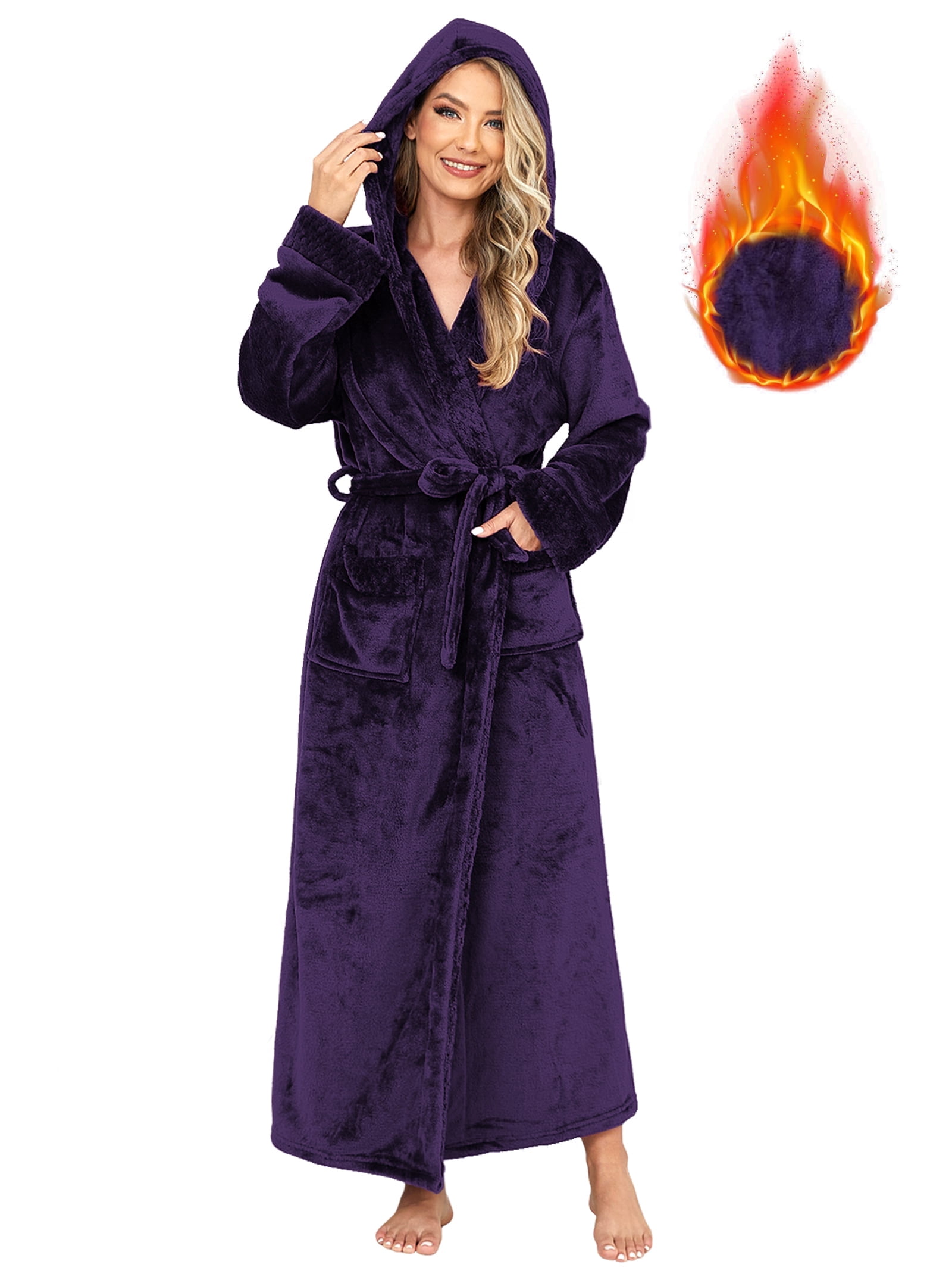 Women's Hooded Plush Robe – Soft Warm Fleece Long Bathrobe, Cozy Spa Housecoat with Pockets