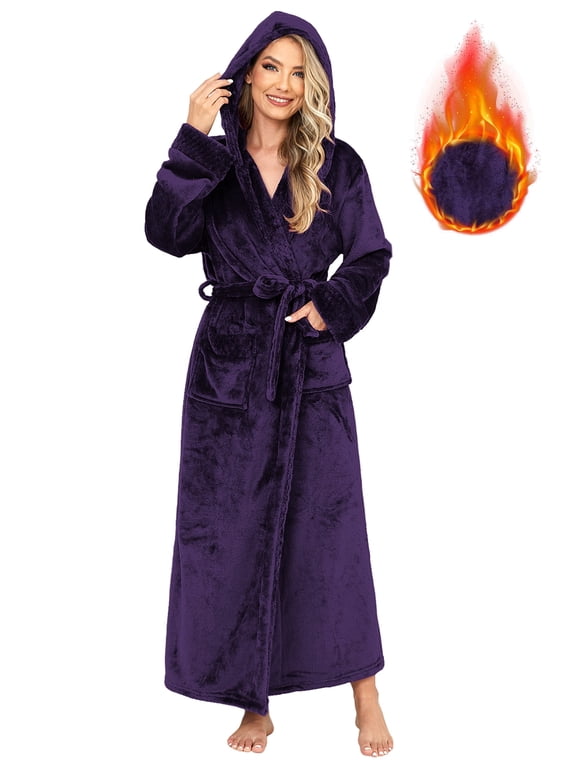 Women's Hooded Plush Robe – Soft Warm Fleece Long Bathrobe, Cozy Spa Housecoat with Pockets