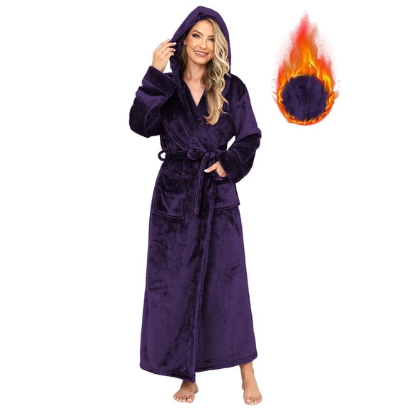 AMITOFO Women's Hooded Plush Robe – Soft Warm Fleece Long Bathrobe, Cozy Spa Housecoat with Pockets