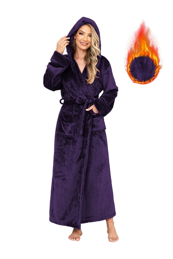 Women's Hooded Plush Robe – Soft Warm Fleece Long Bathrobe, Cozy Spa Housecoat with Pockets