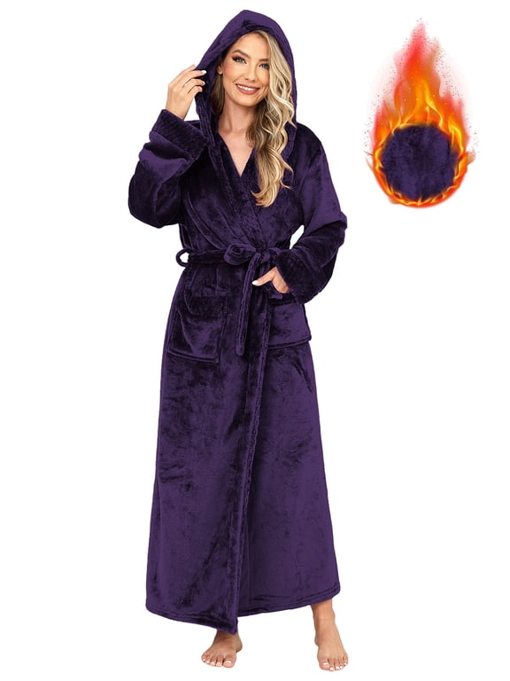 Women's Hooded Plush Robe – Soft Warm Fleece Long Bathrobe, Cozy Spa Housecoat with Pockets