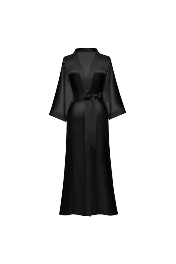 Women's Long Silk Kimono Robe Floral Satin Bathrobe, Black, One Size