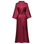AMITOFO Women's Long Silk Kimono Robe Floral Satin Bathrobe, Red, One Size