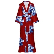 AMITOFO Womens Long Silky Kimono Robe Lightweight Floral Satin Bathrobe, Pink, One Size