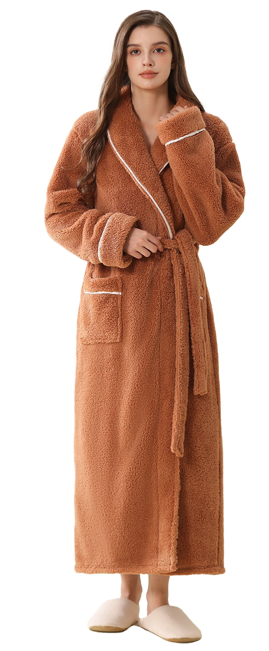 Warm Robe Jacket AMITOFO Women’s Thick Long Robe with Contrast Piping V-Neck – Soft Warm ...