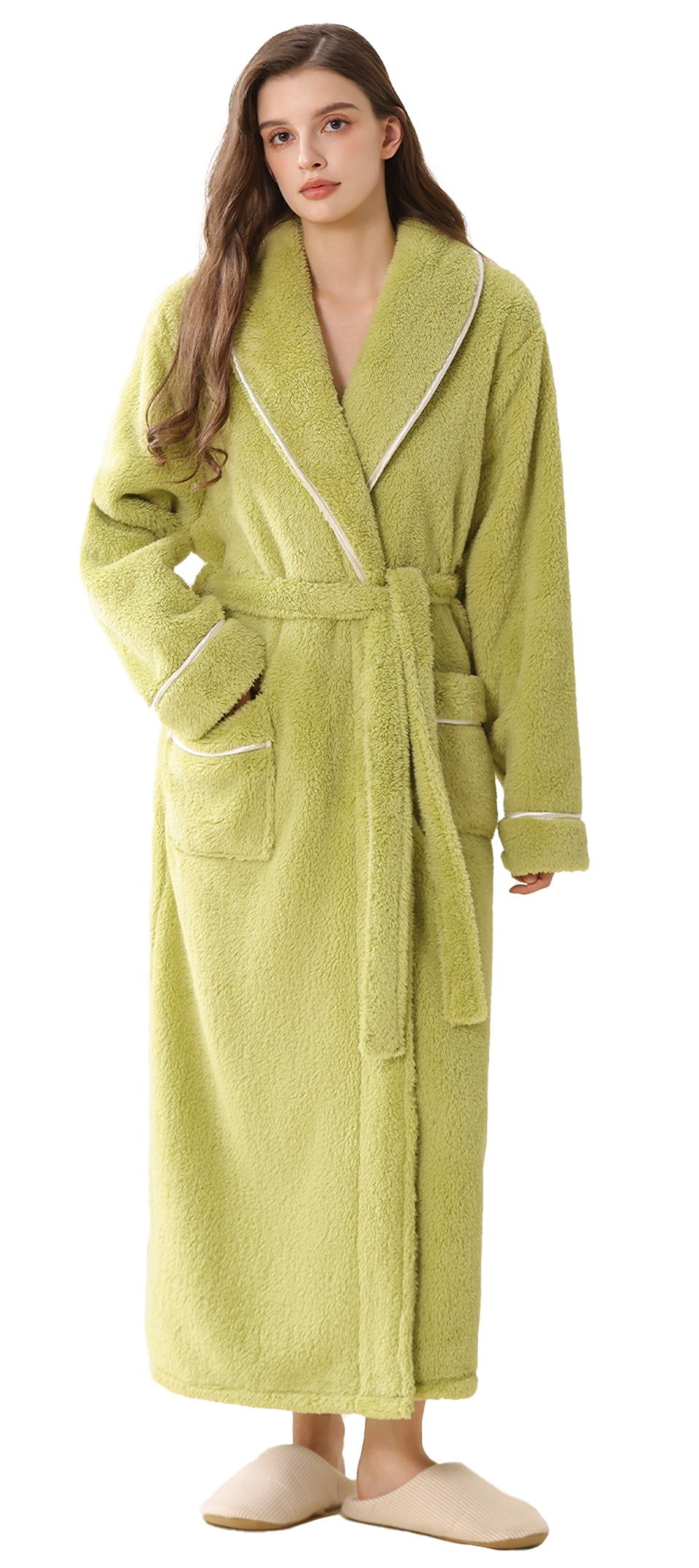 Warm Robe Jacket AMITOFO Women’s Thick Long Robe with Contrast Piping V-Neck – Soft Warm ...