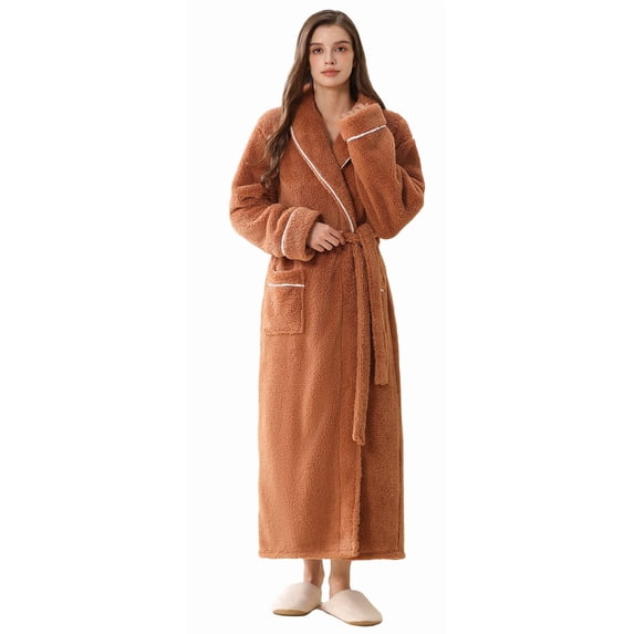 AMITOFO Women’s Thick Long Robe with Contrast Piping V-Neck – Soft Warm Winter Housecoat with Waist Belt and Side Pockets