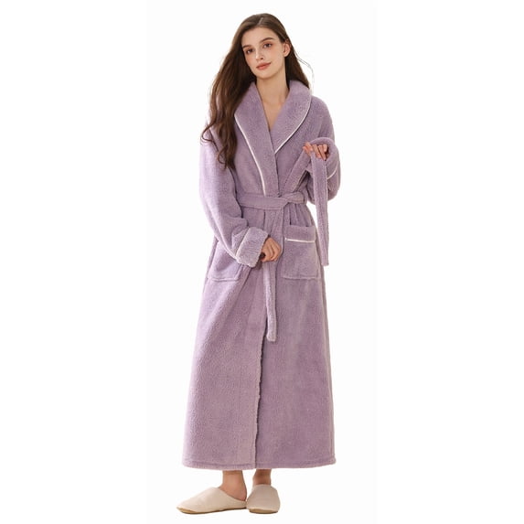 AMITOFO Women’s Thick Long Robe with Contrast Piping V-Neck – Soft Warm Winter Housecoat with Waist Belt and Side Pockets