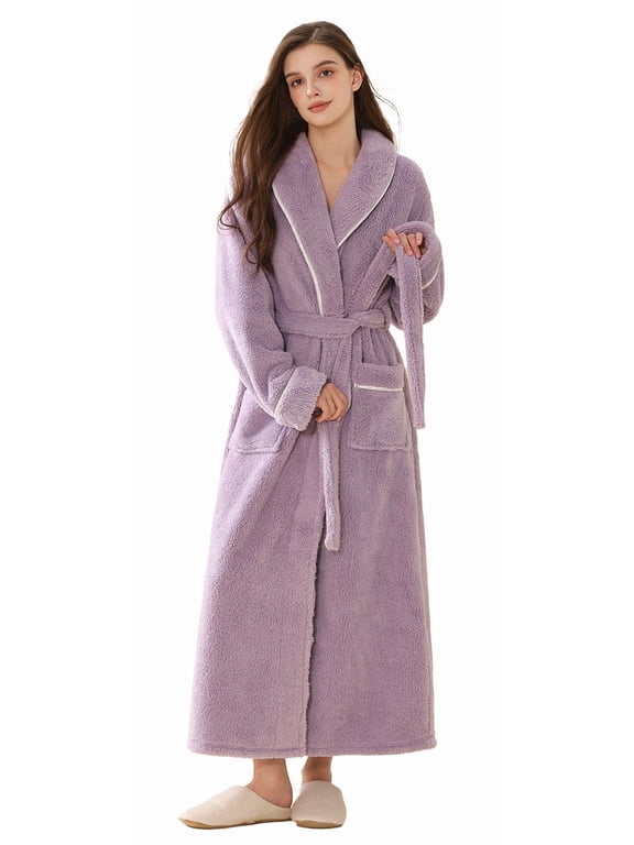 Women’s Thick Long Robe with Contrast Piping V-Neck – Soft Warm Winter Housecoat with Waist Belt and Side Pockets