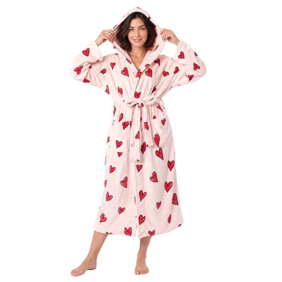 AMITOFO Womens Hooded Flannel Robe, 250GSM Plush Long Robe with Belt and Pockets, Pink, L