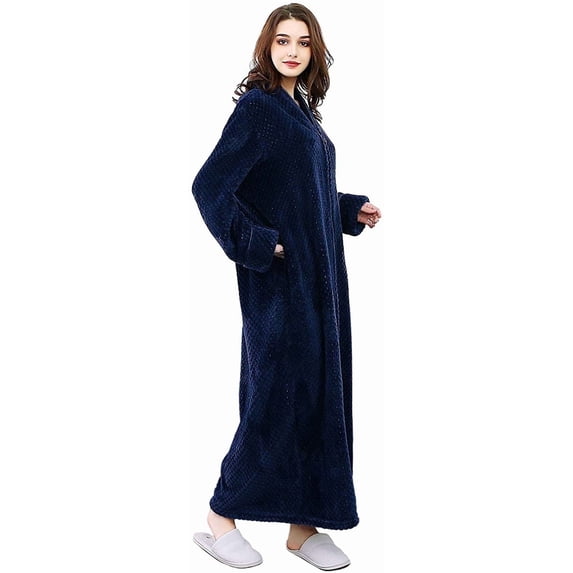 AMITOFO Womens Zip Up Fleece Robe Warm Loose Flannel Fleece Bathrobe Plush Zipper Lounger Robe for Ladies 2XL-3XL & Navy Blue