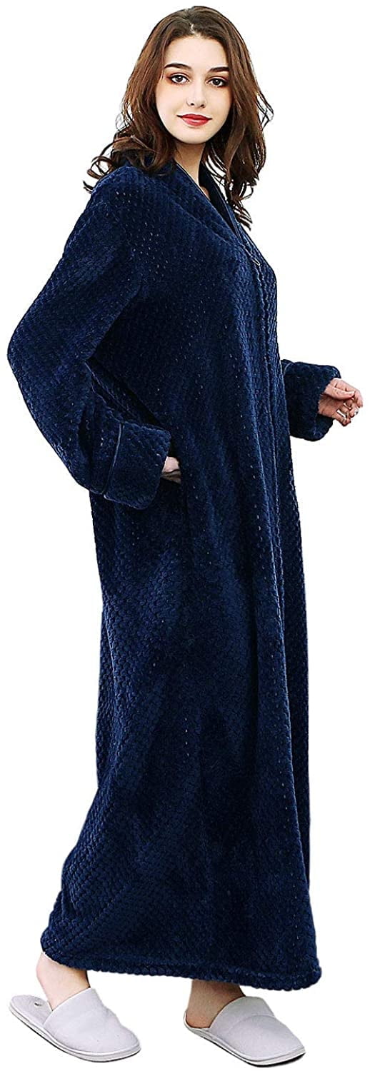 AMITOFO Womens Zip Up Fleece Robe Warm Loose Flannel Fleece Bathrobe Plush Zipper Lounger Robe for Ladies M-XXL & Navy Blue