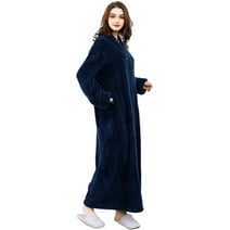 AMITOFO Womens Zip Up Fleece Robe Warm Loose Flannel Fleece Bathrobe Plush Zipper Lounger Robe for Ladies M-XXL & Navy Blue