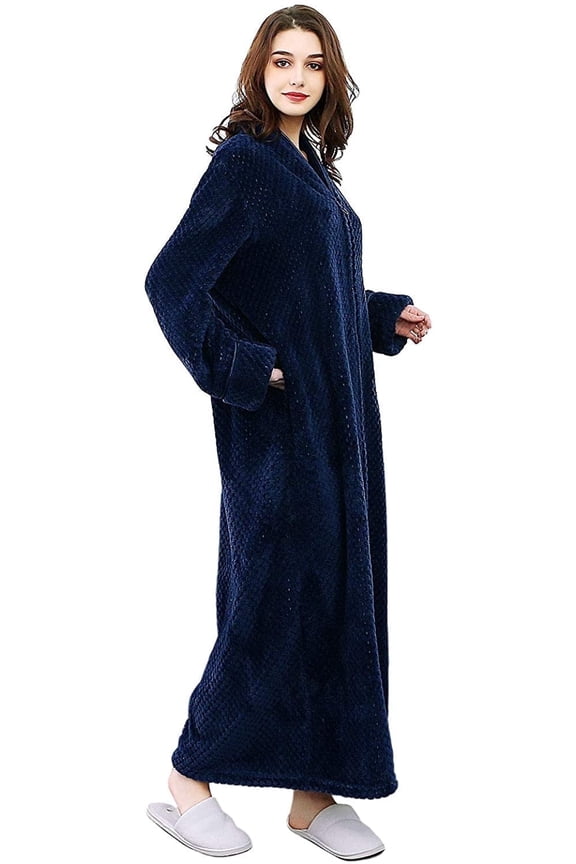 Womens Zip Up Fleece Robe Warm Loose Flannel Fleece Bathrobe Plush Zipper Lounger Robe for Ladies M-XXL & Navy Blue
