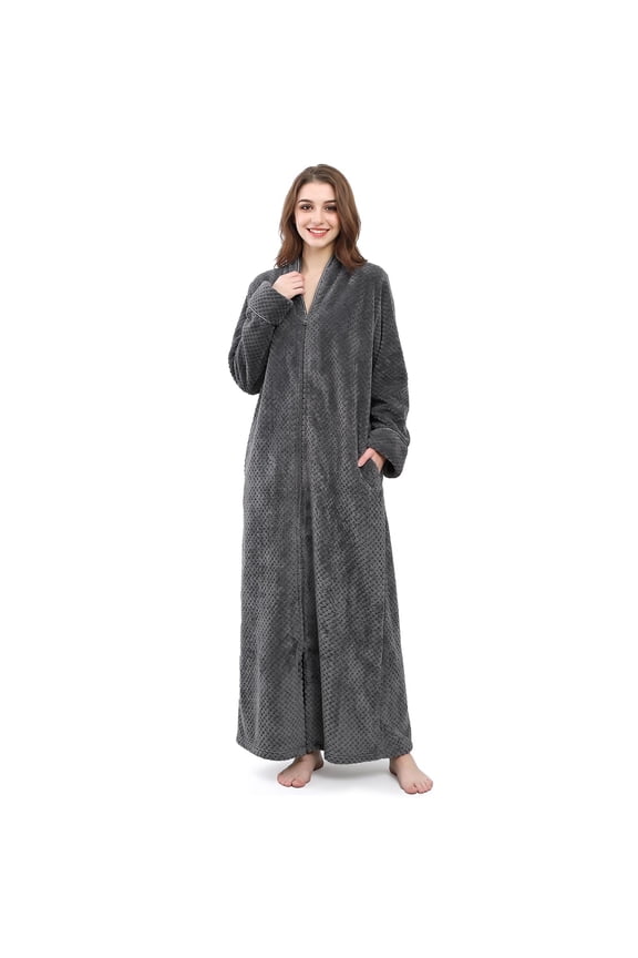 Womens Zip Up Fleece Robe Warm Loose Flannel Plush Zipper Lounger Bathrobe for Ladies, Gray
