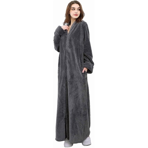 AMITOFO Womens Zip Up Fleece Robe Warm Loose Flannel Plush Zipper Lounger Bathrobe for Ladies, Gray