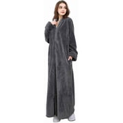 AMITOFO Womens Zip Up Fleece Robe Warm Loose Flannel Plush Zipper Lounger Bathrobe for Ladies, Gray