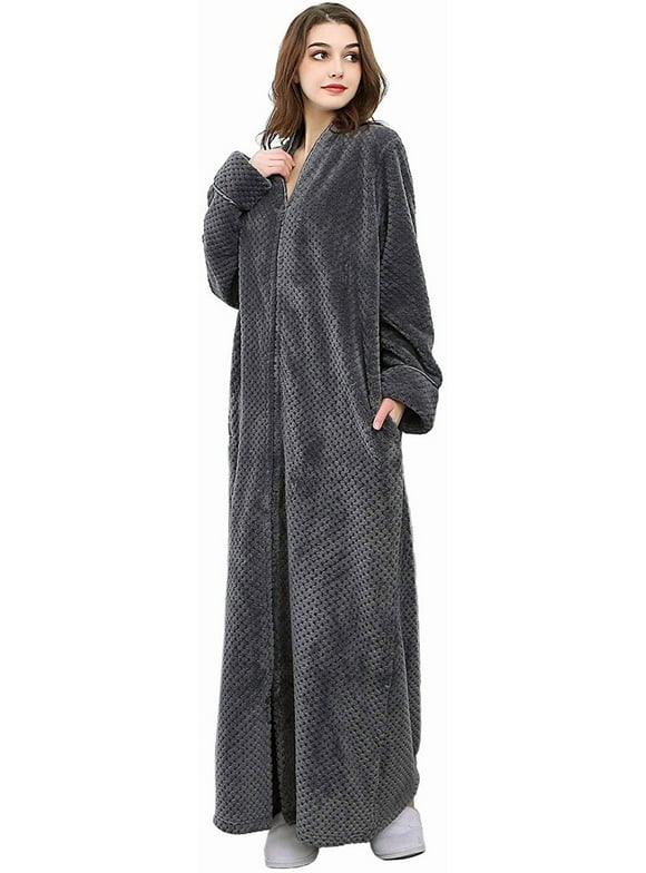 Womens Zip Up Fleece Robe Warm Loose Flannel Plush Zipper Lounger Bathrobe for Ladies, Gray