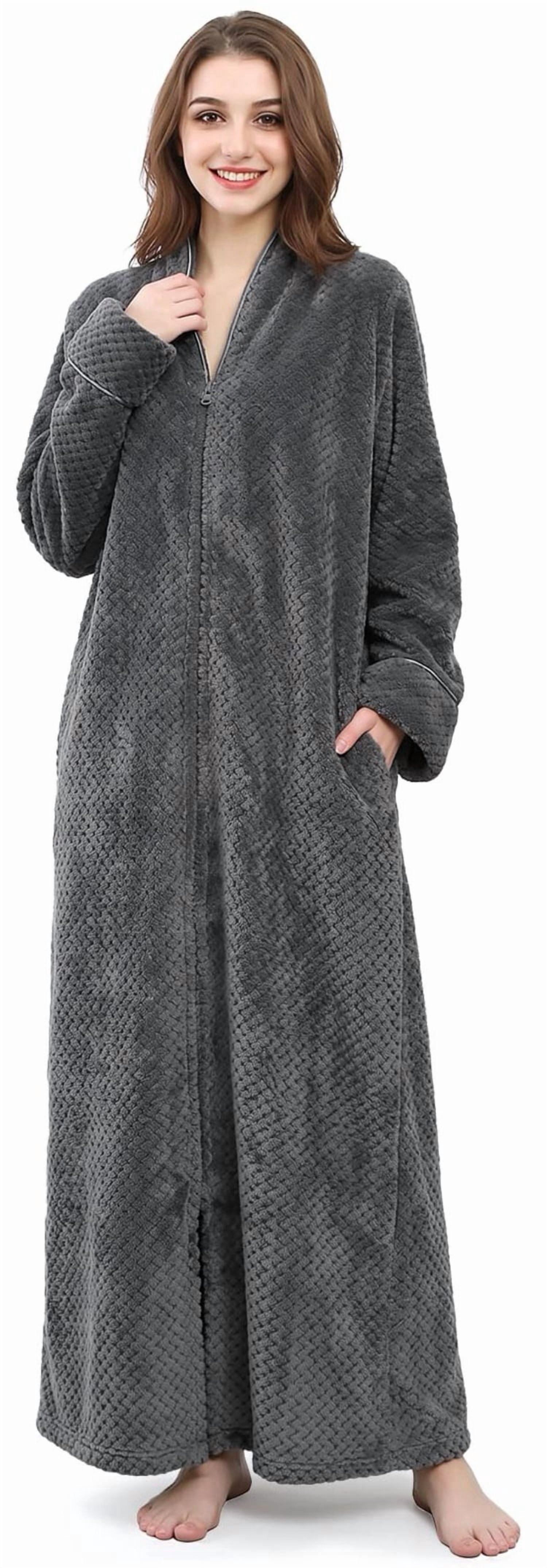 Womens Zip Up Fleece Robe Warm Loose Flannel Plush Zipper Lounger Bathrobe for Ladies, Gray