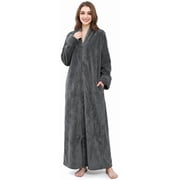 AMITOFO Womens Zip Up Fleece Robe Warm Loose Flannel Plush Zipper Lounger Bathrobe for Ladies, Gray