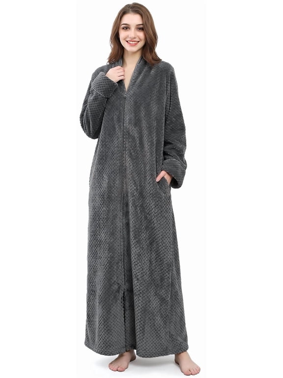Womens Zip Up Fleece Robe Warm Loose Flannel Plush Zipper Lounger Bathrobe for Ladies, Gray