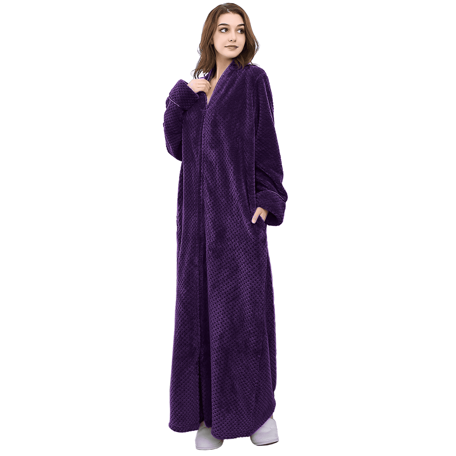 AMITOFO Womens Zip Up Fleece Robe Warm Loose Flannel Plush Zipper Lounger Bathrobe for Ladies M-XXL & Purple