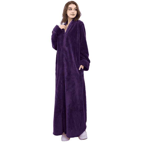 AMITOFO Womens Zip Up Fleece Robe Warm Loose Flannel Plush Zipper Lounger Bathrobe for Ladies M-XXL & Purple