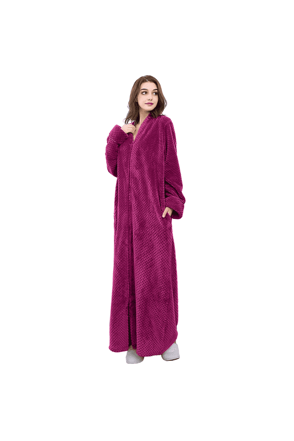 Womens Zip Up Fleece Robe Warm Loose Flannel Plush Zipper Lounger Bathrobe for Ladies M-XXL & Rose Red