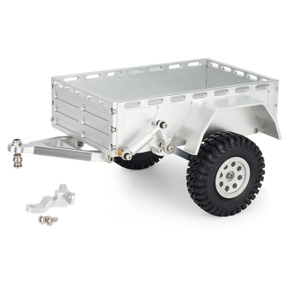 AMK Aluminum 1/18 1/24 RC Trailer, CNC Machined RC Utility Trailer with Ball Head Hitch, 1/18 1/24 Scale RC Crawler Trailer for TRX4M SCX24 Redcat Ascent-18 with Wheels & Suspension (Silver) Y101