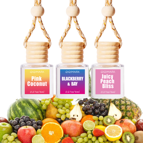 AMK Car Air Freshener Hanging Diffuser Set, Refillable Fragrance Oil Bottles, Long Lasting Aromatherapy Scents, 3 Pack