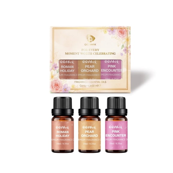 AMK Celebration Collection Fragrance Oil Set, 3 Pack Essential Oils for Diffusers, Humidifiers and Home Fragrance, Roman Holiday, Pear Orchard & Pink Encounter, 10ml Each