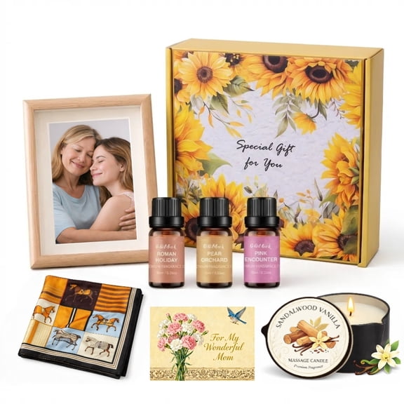 AMK Luxury Spa Gift Set for Women with Essential Oils, Scented Candle, Scarf and Photo Frame, Mothers Day, Birthday and Anniversary Gifts for Mom, Wife and Grandma
