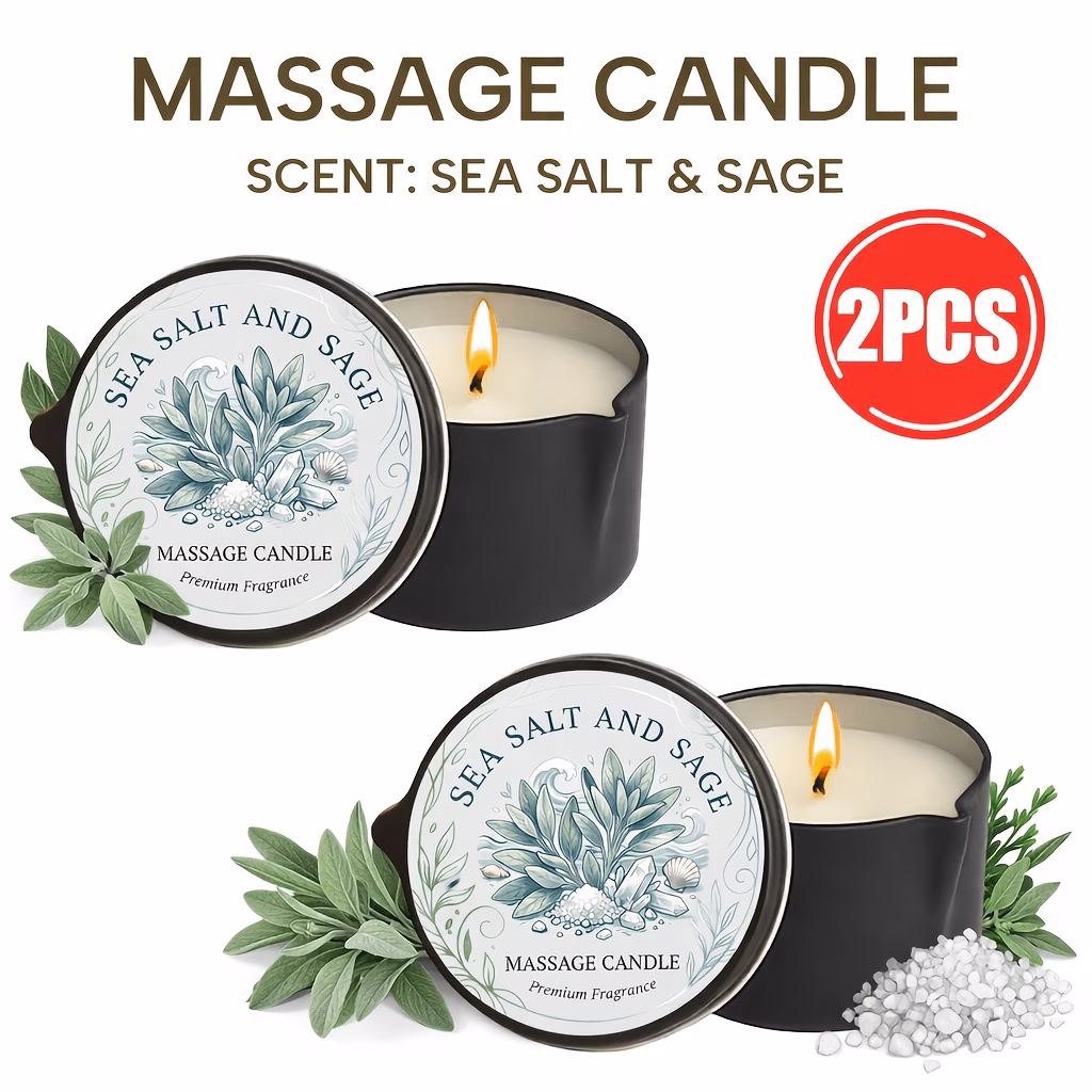 AMK Massage Candle Set, 2 Pack Soy Wax Body Massage Candles, Sea Salt & Sage Scent for Home Spa and Aromatherapy