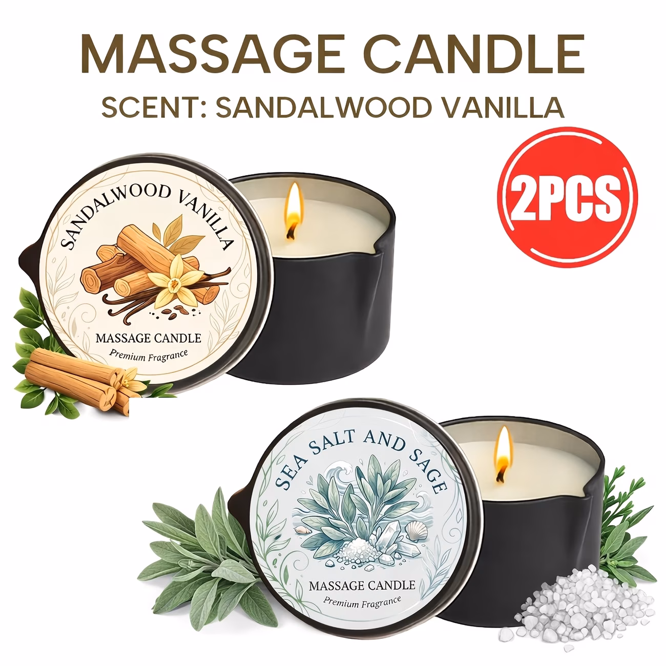 AMK Massage Candle Set, 2 Pack Soy Wax Body Massage Candles with Sandalwood Vanilla & Sea Salt Sage Scents for Home Spa and Aromatherapy