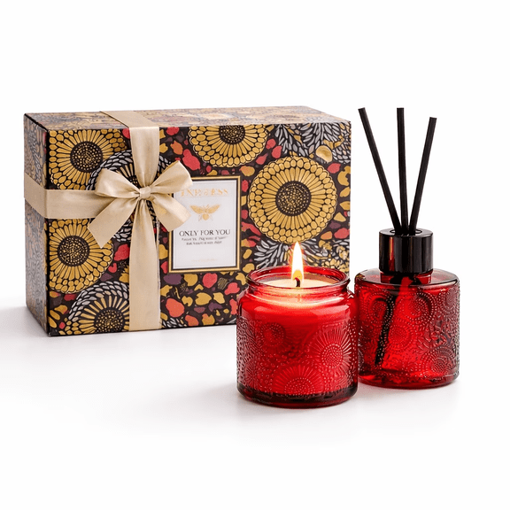 AMK Red Rose Reed Diffuser & Scented Candle Gift Set for Women, Luxury Home Fragrance for Mothers Day, Birthday, Valentines & Housewarming