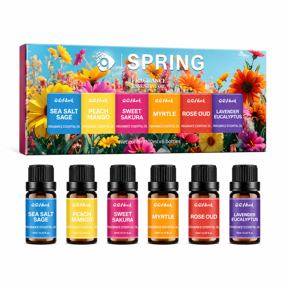 AMK Spring Fragrance Oil Set, 6 Pack Diffuser Oils, Sea Salt Sage, Peach Mango, Sweet Sakura, Myrtle, Rose Oud and Lavender Eucalyptus, 10ml Bottles for Home Fragrance Diffusers