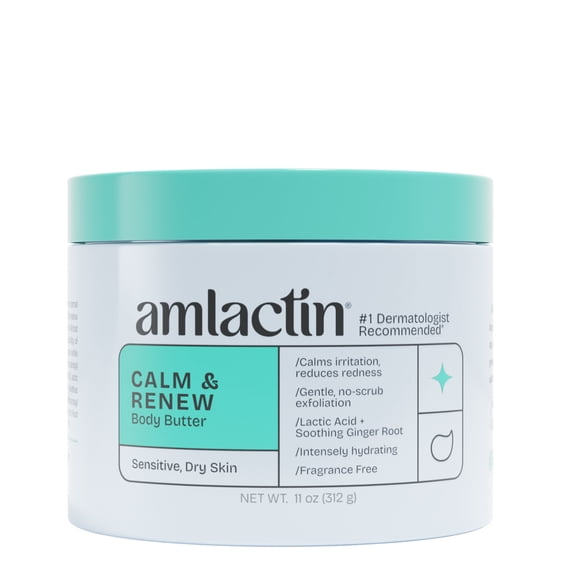 AmLactin Calm & Renew Body Butter - Lactic Acid AHA and Soothing Ginger Root, 11 oz